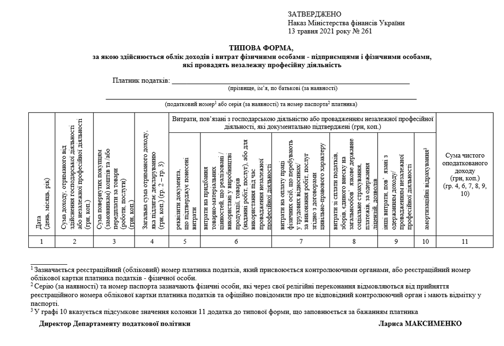 Типова форма, за якою здійснюється облік доходів і витрат фізичними особами - підприємцями і фізичними особами, які провадять незалежну професійну діяльність