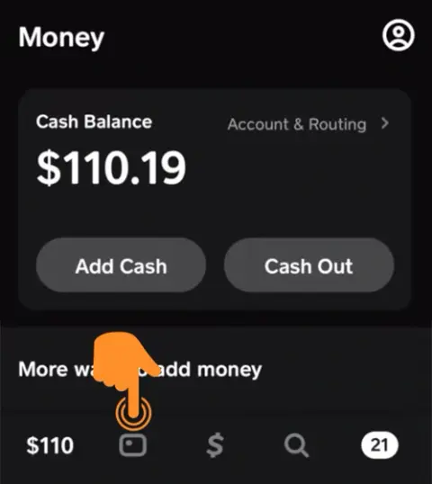 On the main screen, tap the Cash Card tab