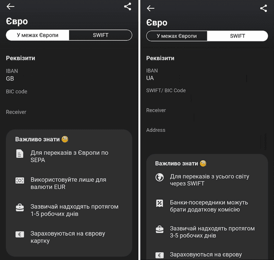 Реквізити, за якими можна відправити платіж Swift