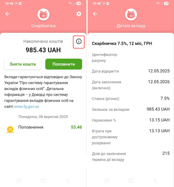 Дані про суму накопичених коштів та історію поповнення «Скарбнички» в Приват24