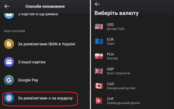 Поповнення Монобанк за реквізитами з-за кордону