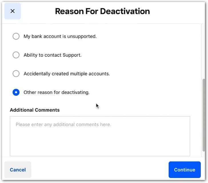 Specify the Reason for Deactivation
