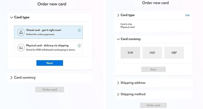 Оберіть тип та валюту картки