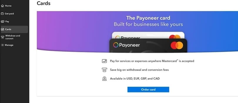 Перейдіть в розділ Cards та оберіть «Order card» у Payoneer
